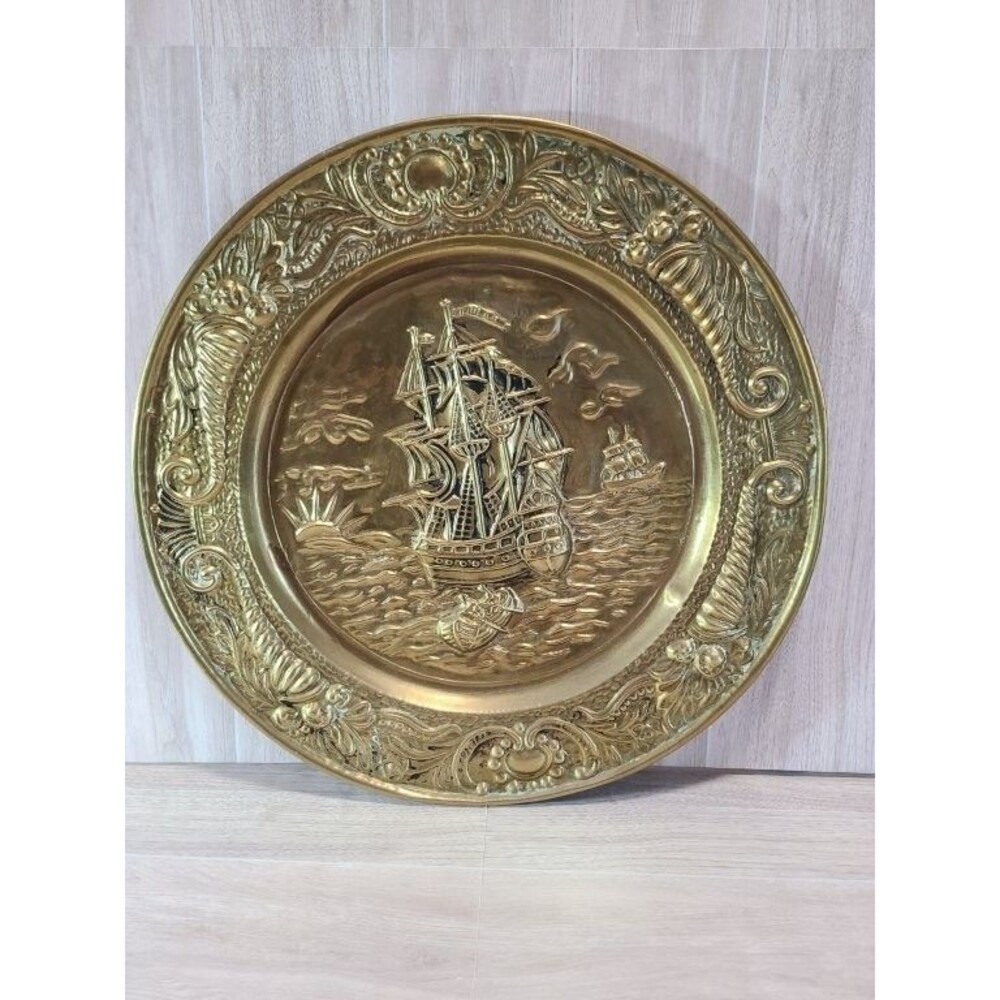 Vintage English Brass Mayflower Ship Wall Plate Maritime Sailing Ship Decor 13"